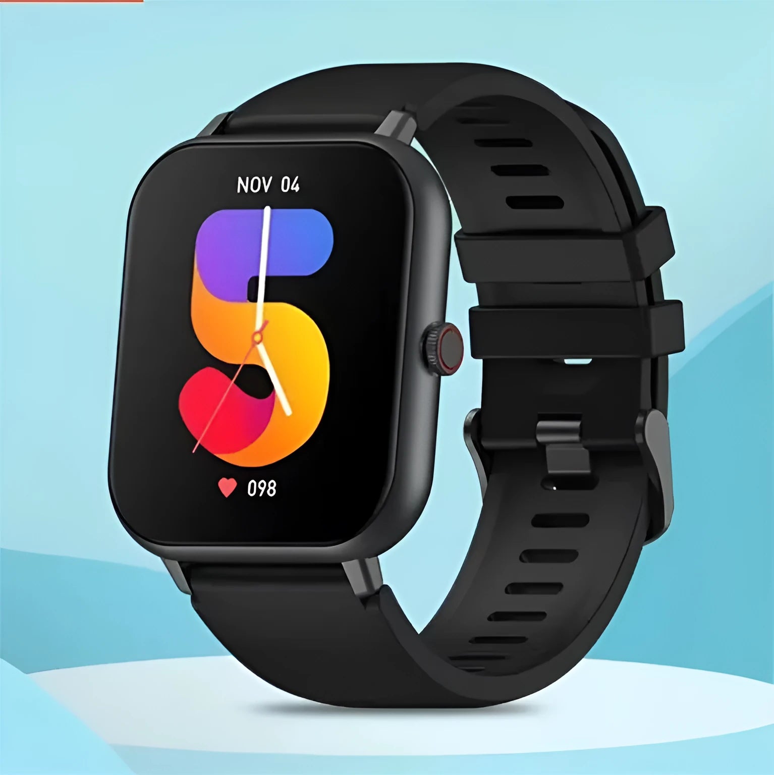 Black smart watch with AI voice control, heart rate monitor, and touch screen on a wrist.