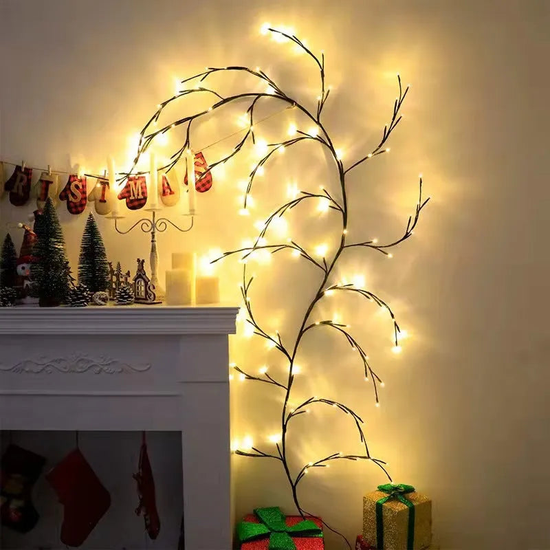 Flexible DIY LED willow vine garland light with warm white LEDs bent into a decorative shape.