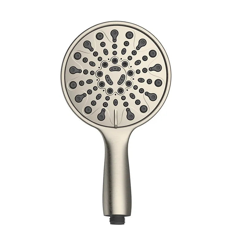 Portable handheld shower head with electroplated finish showing six spray function settings