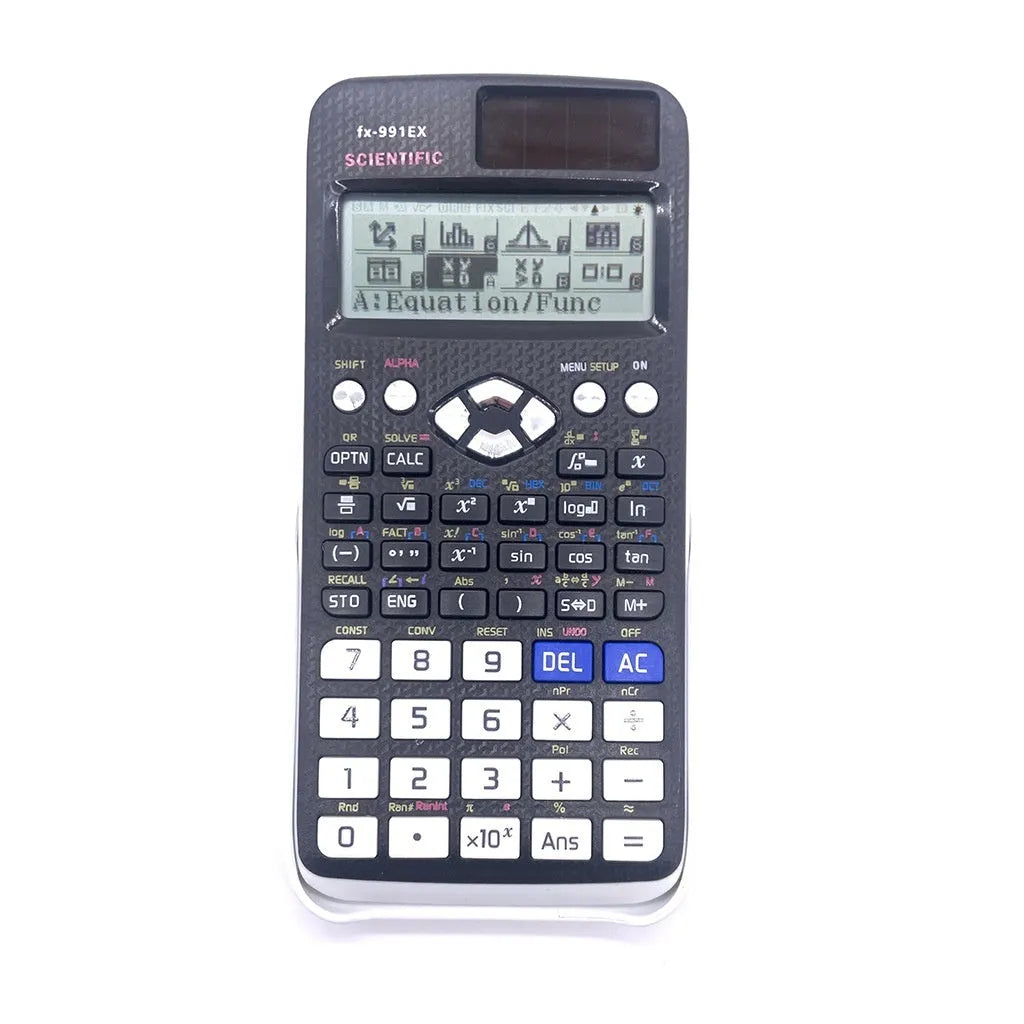 CASIO FX-991EX scientific calculator in black, blue, or pink with solar panel and display.