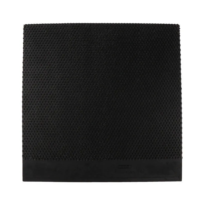 Single sheet of black and red raw rubber for table tennis rackets with small particle texture.
