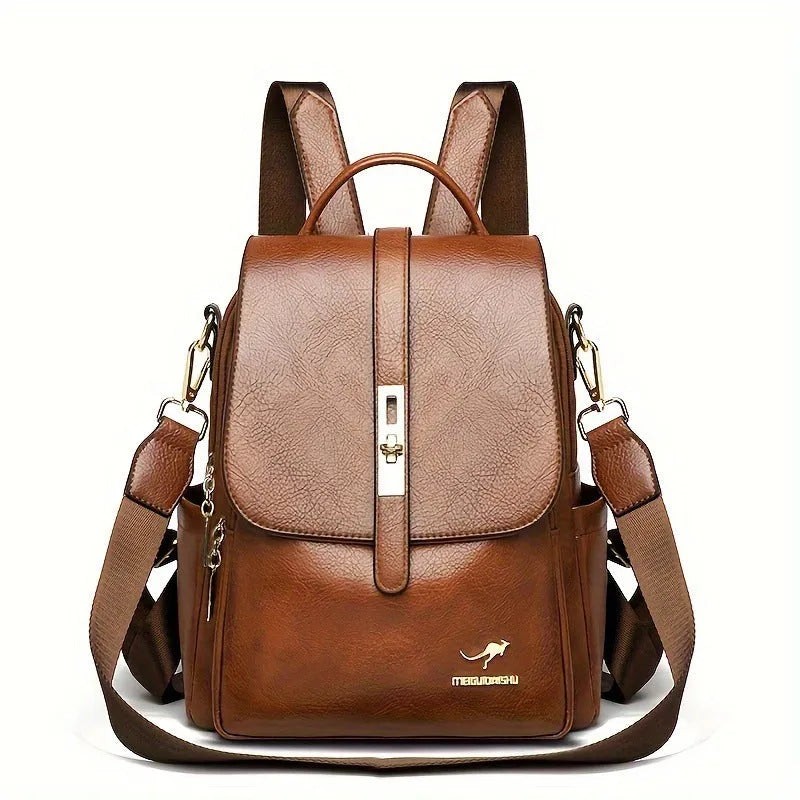 Ladies PU backpack in black or dark brown with large capacity, sandwich pocket, and commuter design