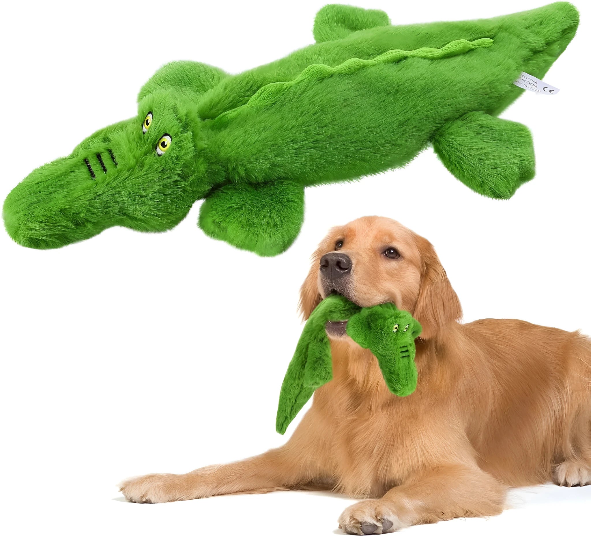 Green plush crocodile dog toy with no stuffing, featuring squeaker in head and crinkle paper in tail
