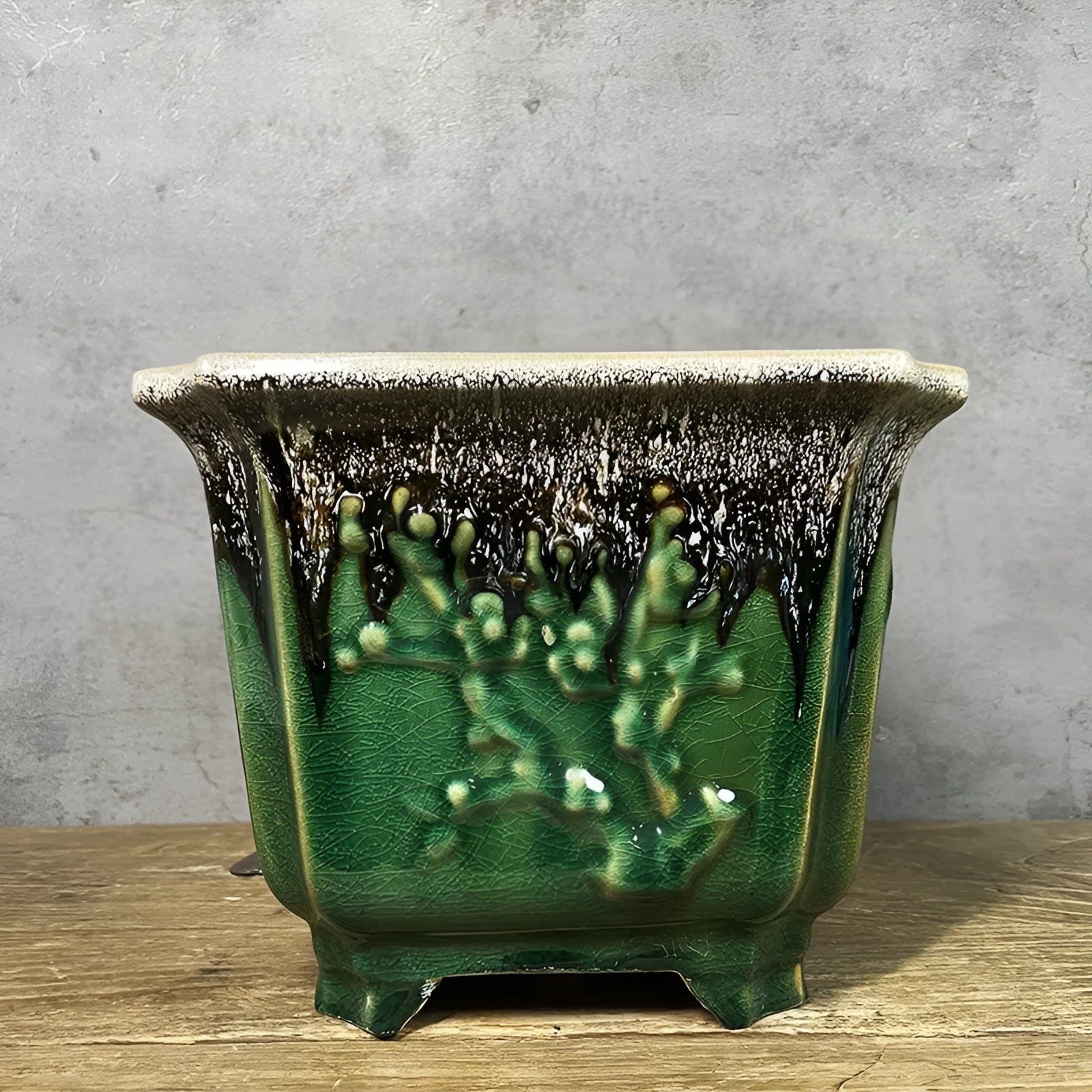 Square ceramic decals stoneware flower pot 22cm, green glaze change finish, placed on wooden desktop with small plant inside