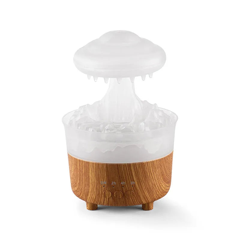 Rain cloud shaped humidifier with wood grain finish emitting mist and glowing with 7-color LED light