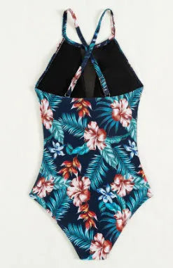 Women's deep V neck one-piece swimsuit in a solid colour or gradient print pattern.