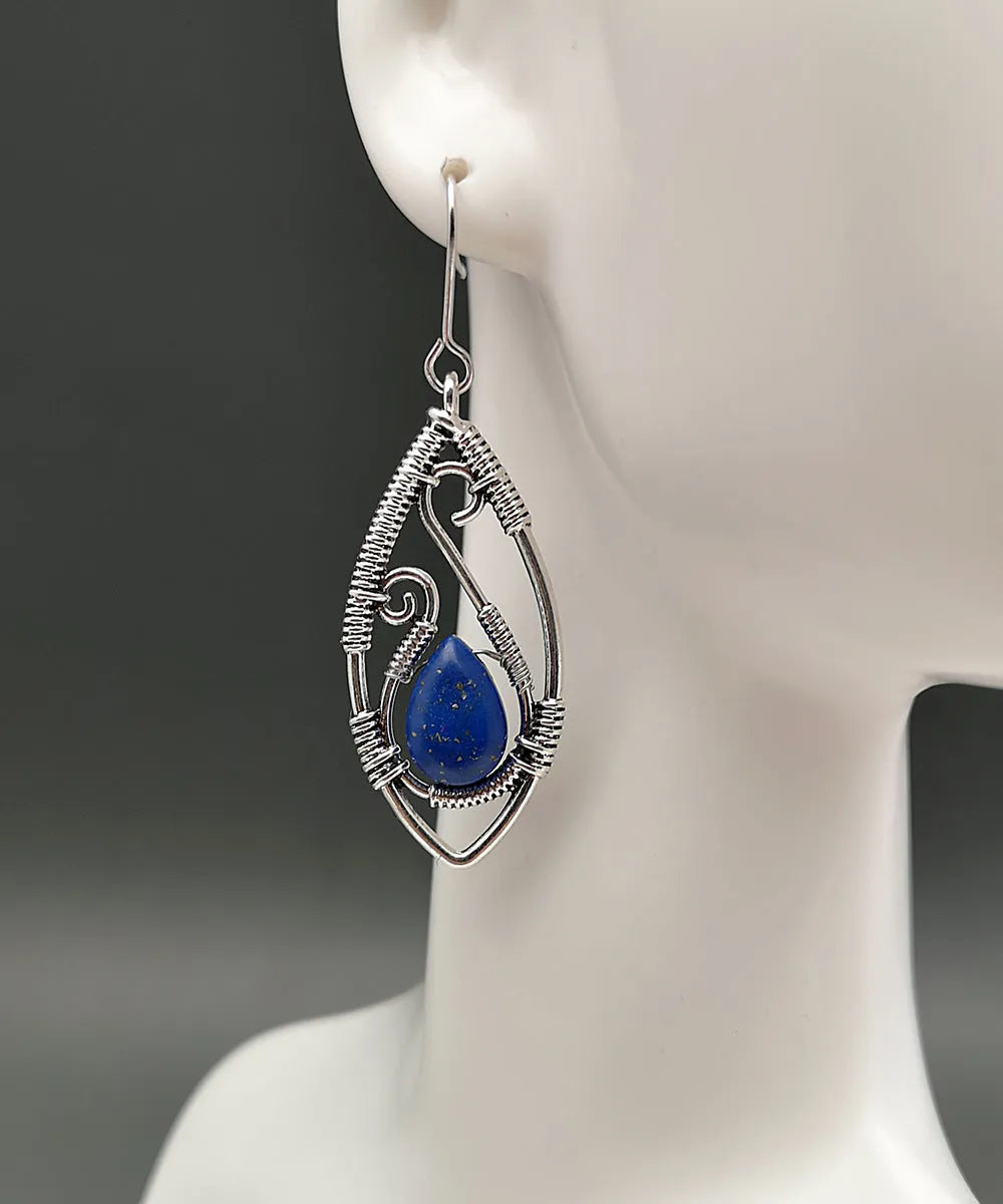 Retro geometric ellipse earrings in antique silver turquoise with lapis string winding, one pair