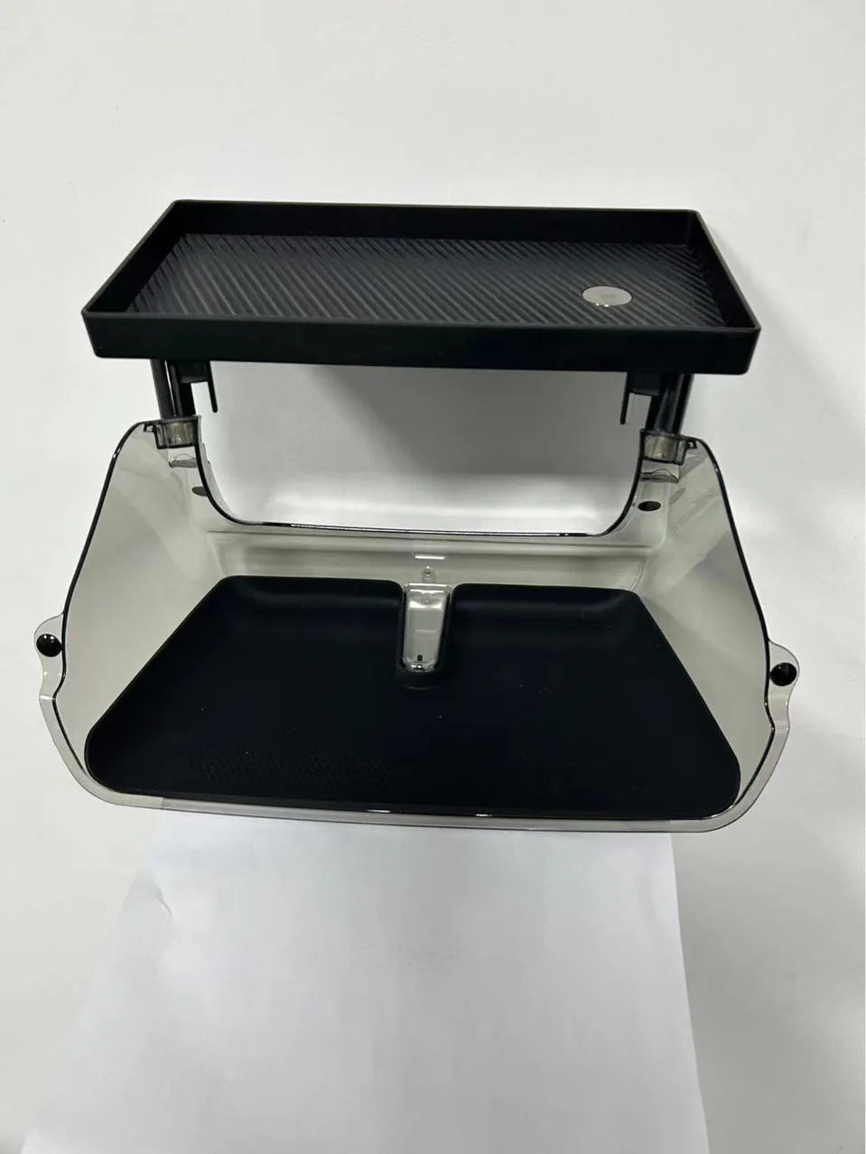 Black ABS plastic storage organiser tray for Tesla Model 3 and Y centre console.