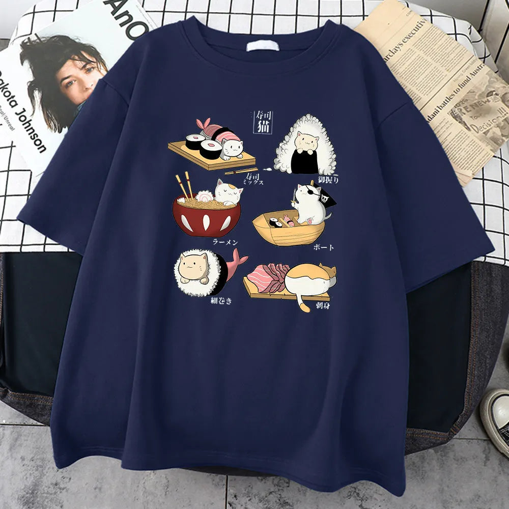 Men's grey Cat Sushi cartoon graphic printed on a loose-fit cotton short-sleeve T-shirt.