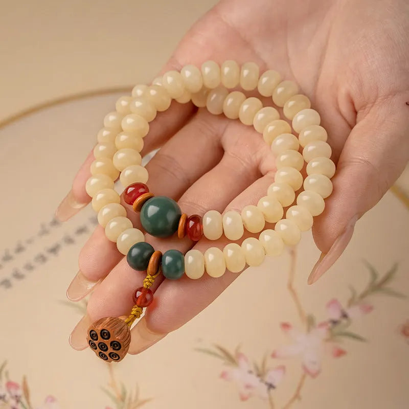 Cream Bodhi root wooden bracelet with 6 x 9mm flat round beads and double ring design for 15-20cm wrist