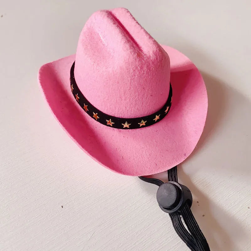 XINGX brown and black British-style cowboy hat for cats on a mannequin head.