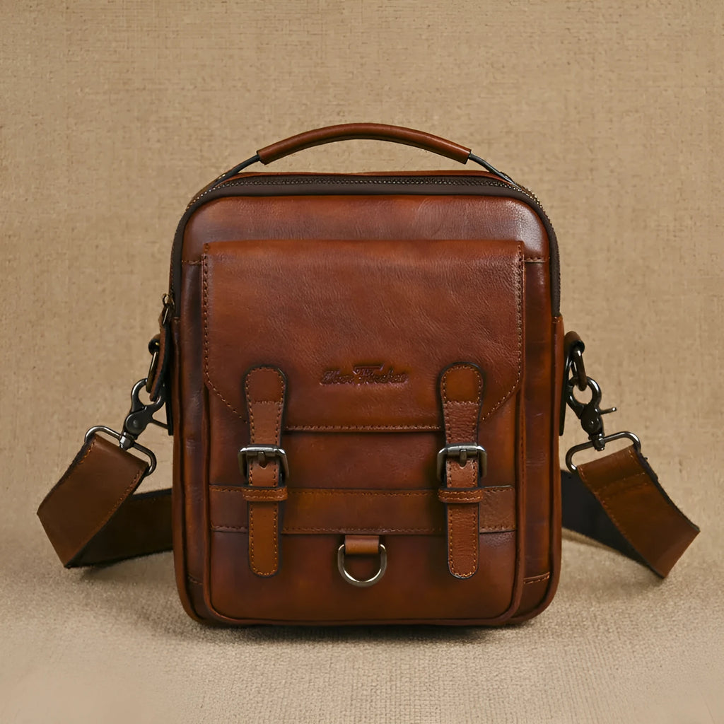 Genuine leather men's shoulder bag 8 inch light brown retro hand-rubbed crossbody commuter