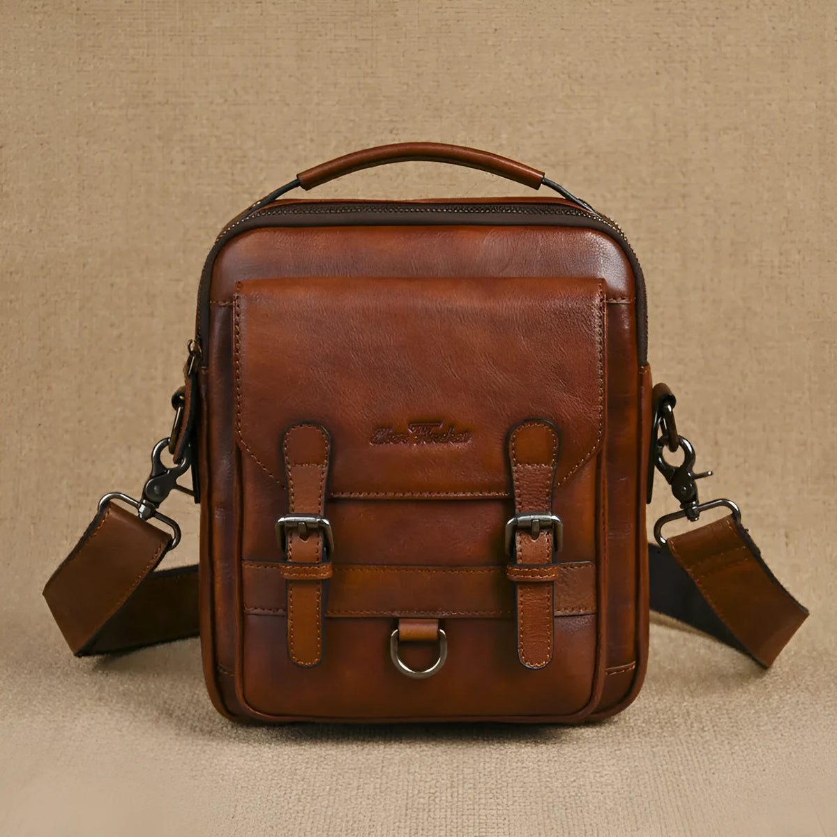 Genuine leather men's shoulder bag 8 inch light brown retro hand-rubbed crossbody commuter