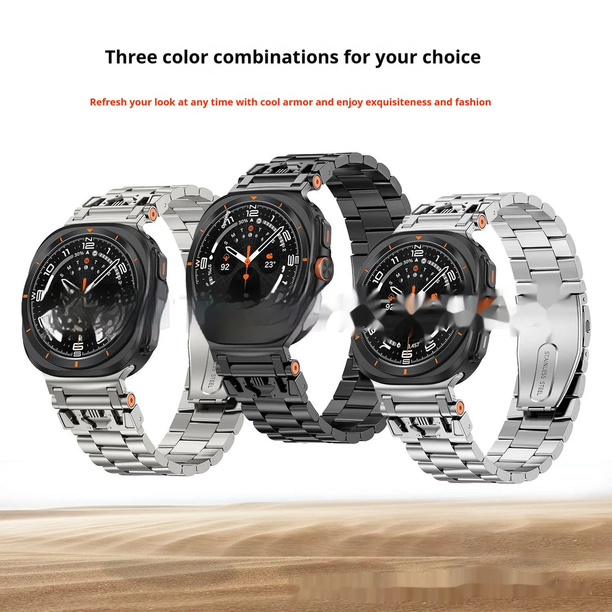 Samsung metal watch strap with three steel band armour design in Black, Starlight, or Silver