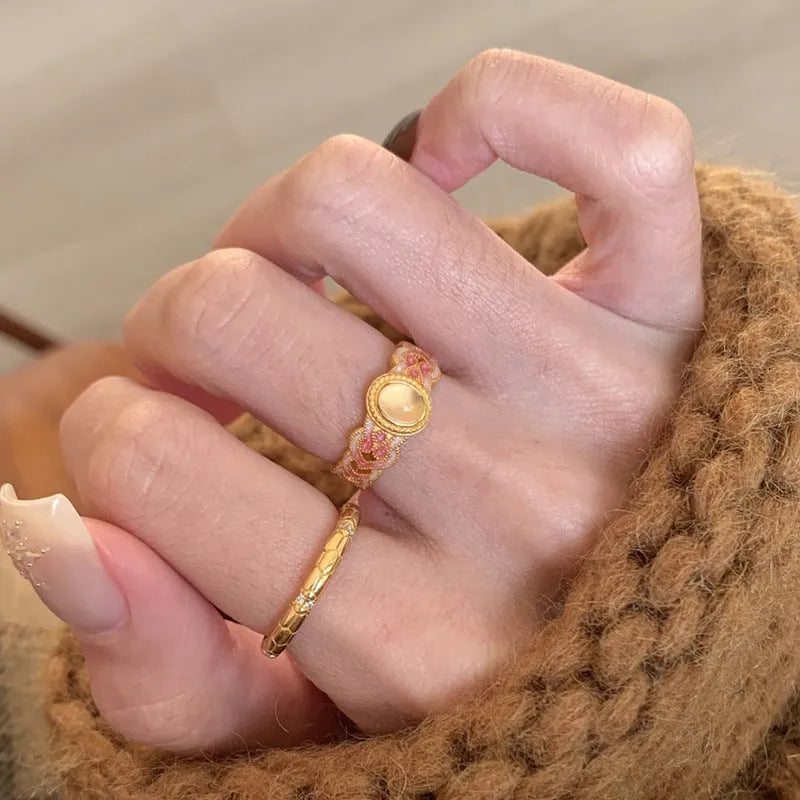 Pink crystal enamel opening ring with geometry shape on copper gold plated base