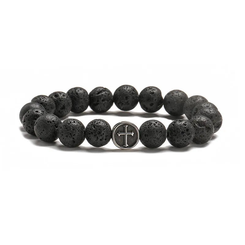 Stainless steel geometric bracelet with a large 19mm volcanic rock coloured agate stone.