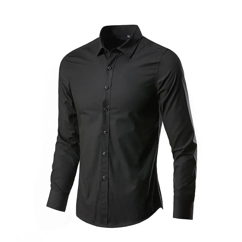 Men's long-sleeve linen shirt in a slim, loose fit on a hanger, shown in a navy blue colour.