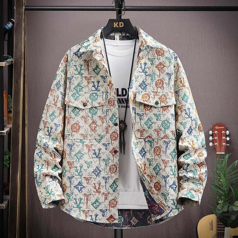 Casual lapel shirt coat in a light colour with long sleeves and straight hem, shown on a hanger.