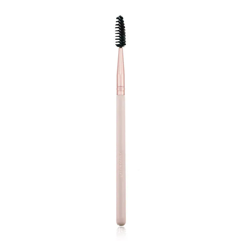 26 pink makeup brushes with wool bristles and wooden handles in storage bag