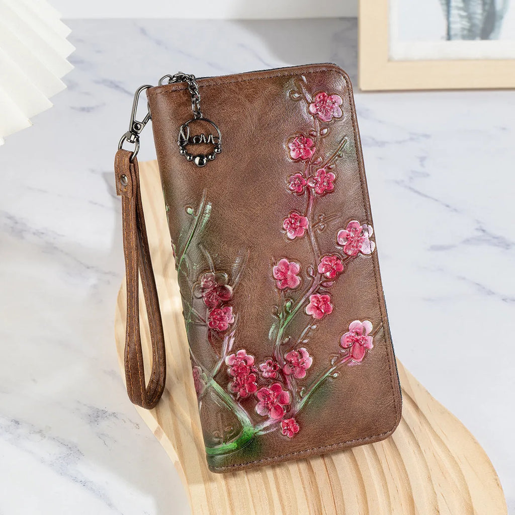 Embossed hand-painted floral pattern zipper handbag in retro style with black PU leather