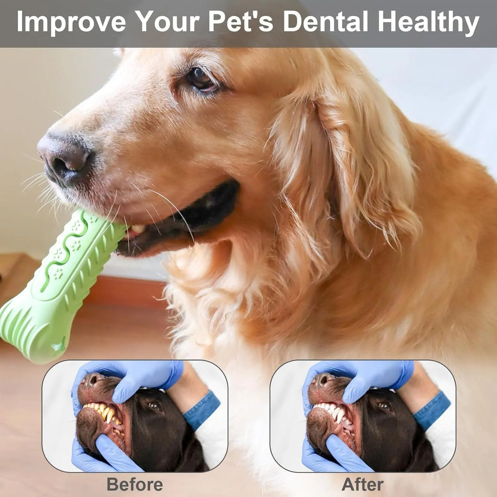 Blue natural rubber bone-shaped dog chew toy with textured surface for teeth cleaning
