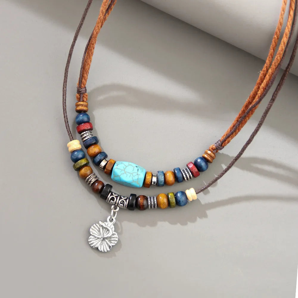 Wooden bead necklace for men with turquoise geometric alloy pendant, wax rope chain and flower element, colour QNN1108