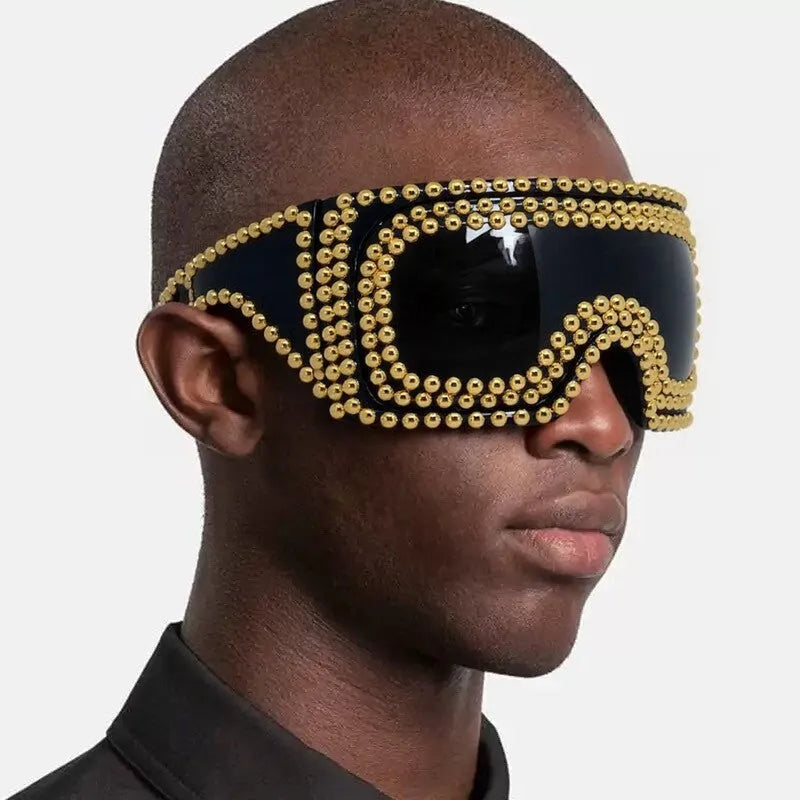 Men's oversized square punk sunglasses with rivet details in silver and gold PC frame
