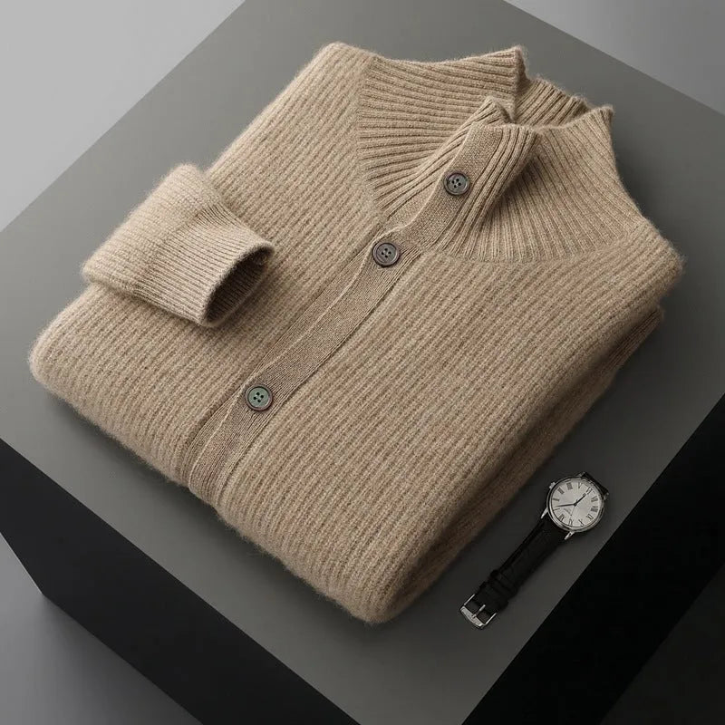 Men's loose fit stand collar cardigan in solid olive green, thickened knit daily outerwear