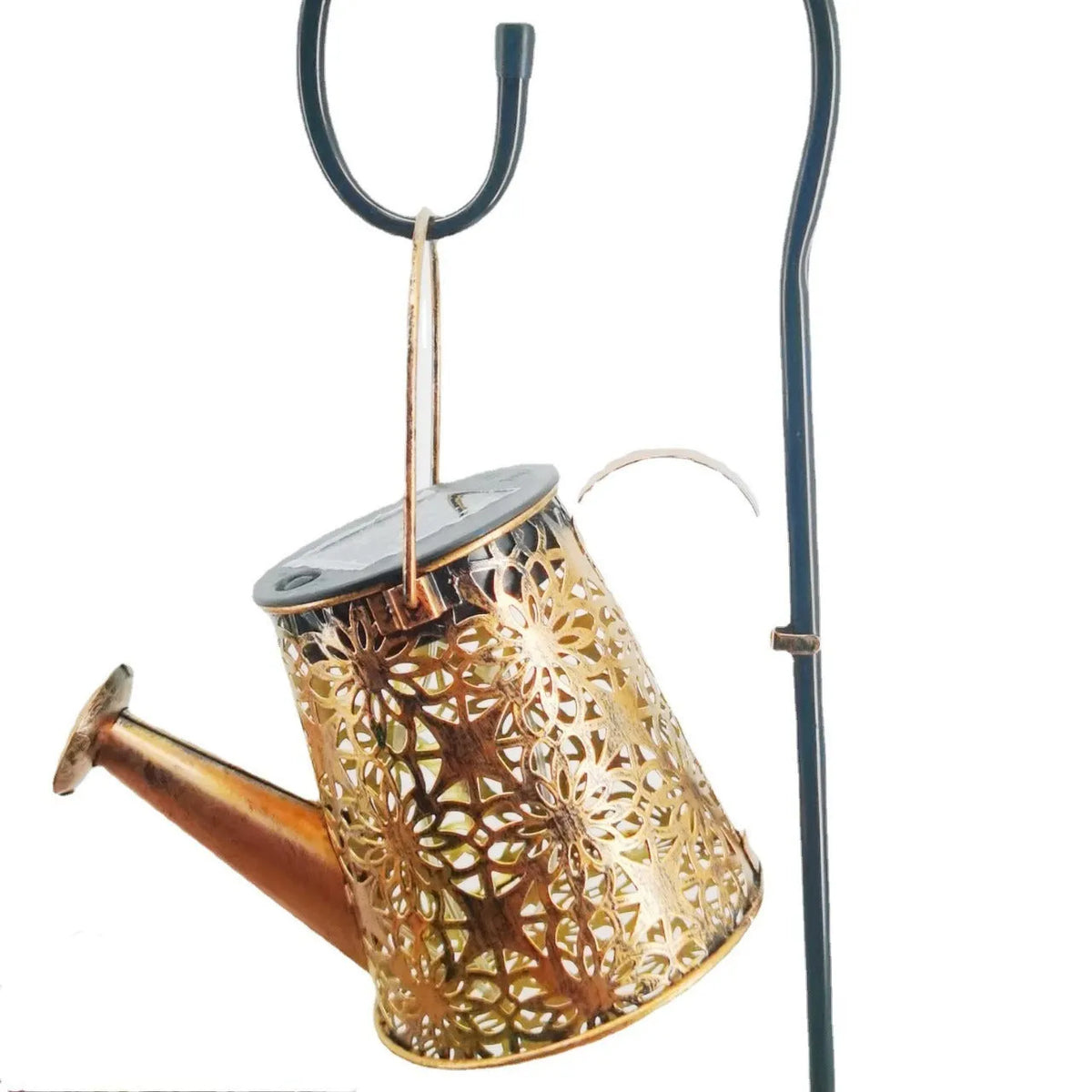 Solar-powered wrought iron butterfly kettle garden light with LED illumination