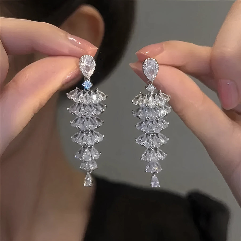 Silver pagoda Christmas tree drop earrings with sparkling zircon stones on copper stud fittings