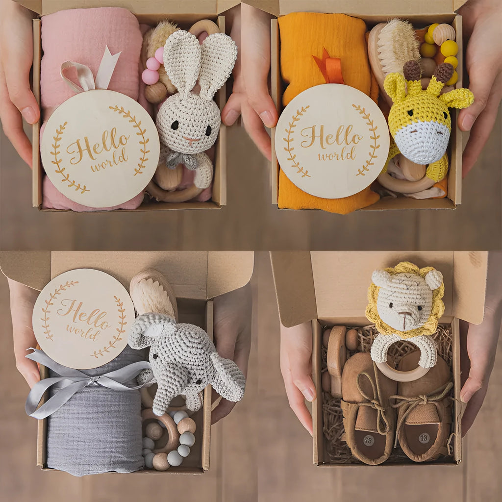 Wooden baby teether gift box with elephant, rabbit and giraffe designs for 3 months plus infants