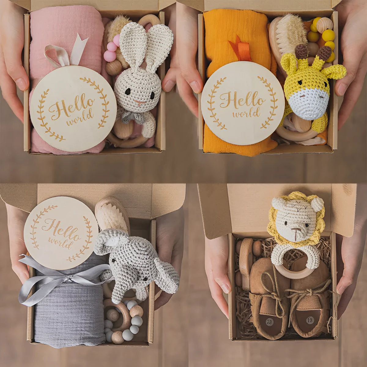 Wooden baby teether gift box with elephant, rabbit and giraffe designs for 3 months plus infants