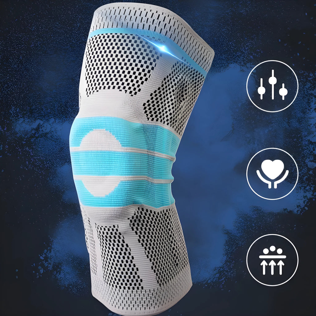 Sky blue elastic fibre knee pads with silicone lining for sports.