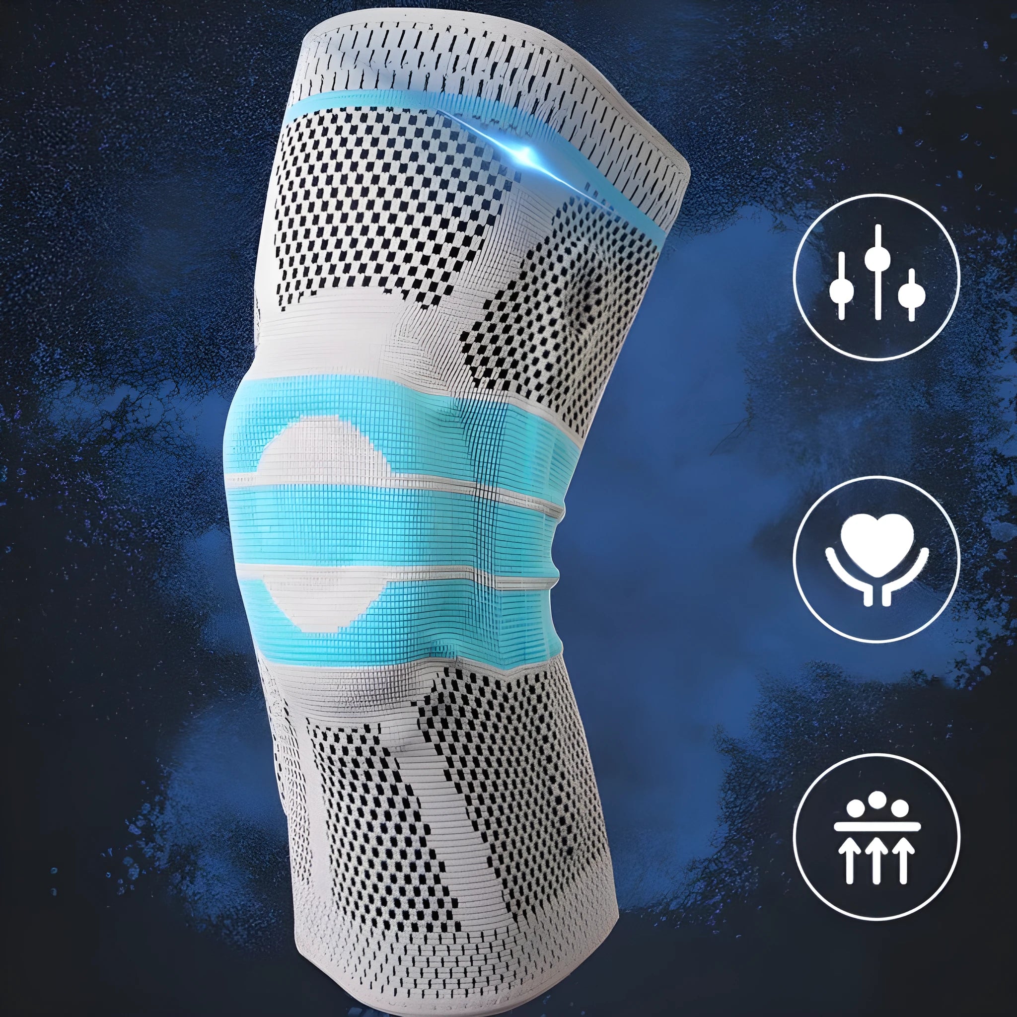 Sky blue elastic fibre knee pads with silicone lining for sports.