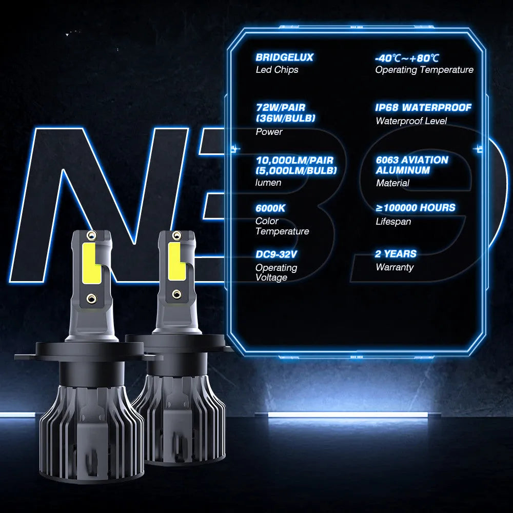 Car LED headlight bulb 6000K white light kit with adjustable chuck and IP68 waterproof rating