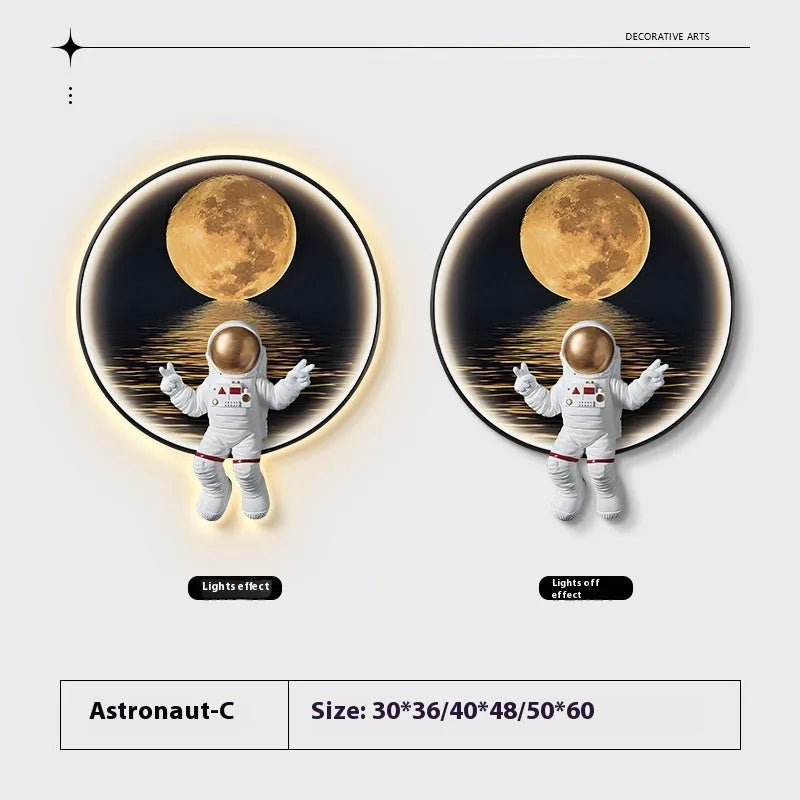 Frameless canvas spaceman wall painting in children's room with bedside lamp feature