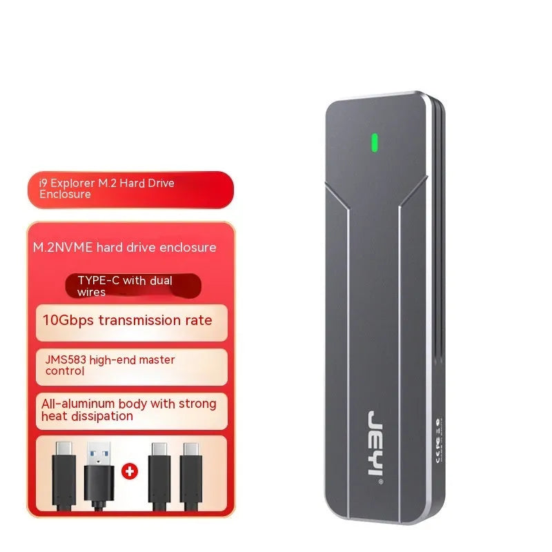 Dark grey all aluminium alloy external M.2 hard drive reader enclosure with AC wire