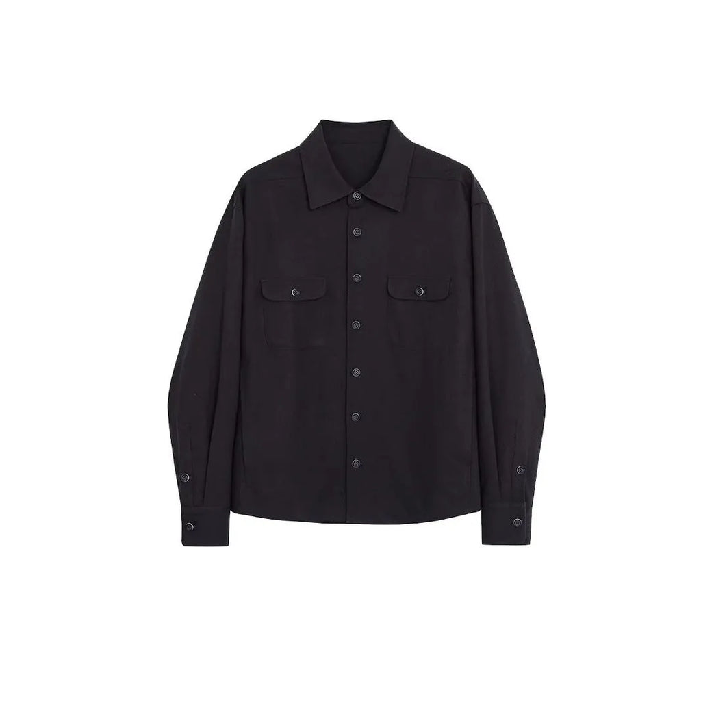 Men's long sleeve shirt with cotton fabric lapel in light sand rice colour, showing simple profile design