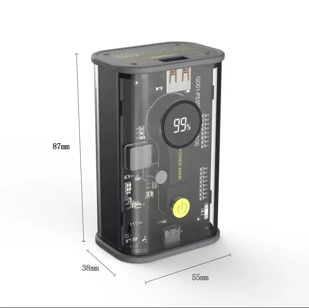 Transparent yellow industrial power bank showing internal aluminum battery case and components