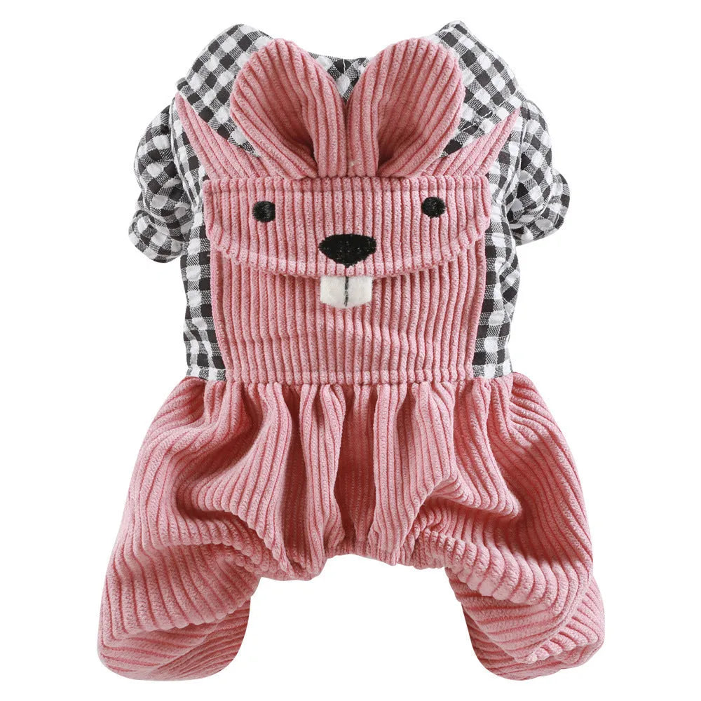 Four-legged plaid dog overalls in polyester, black grid or vermicelli top, sizes XS to XL