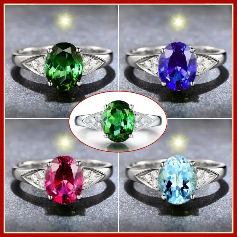 Red and blue zircon ring with natural stones in heart pattern and court style setting