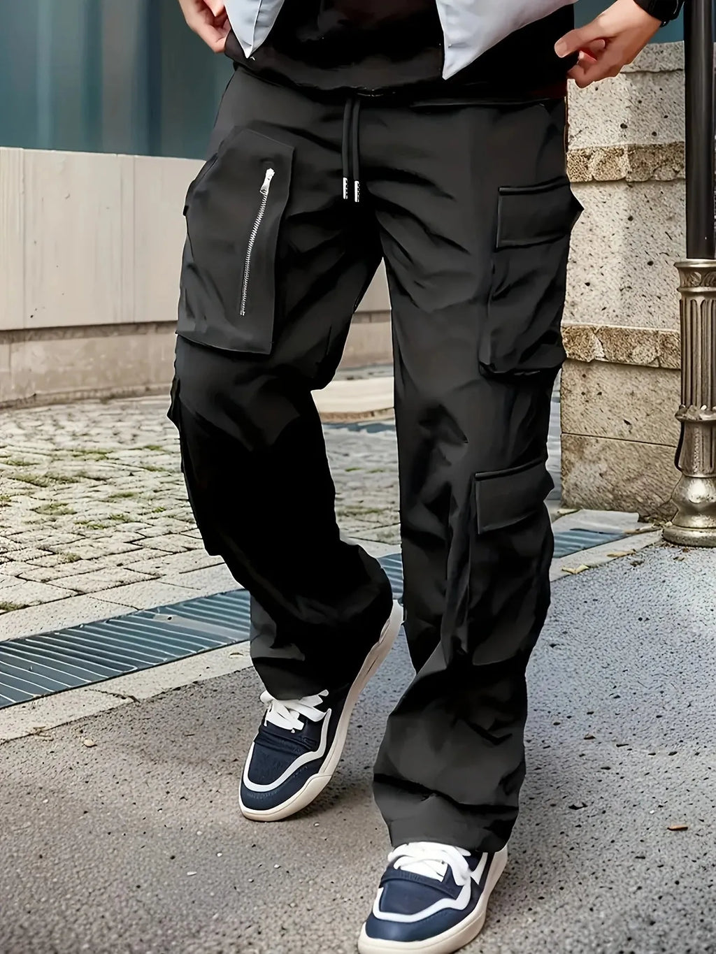 Slim-fit multi-pocket work pants in polyester, spring and autumn outdoor casual trousers, black grey green khaki