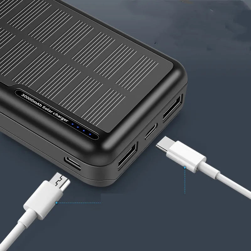 30000mAh all black portable power bank with solar panel, 142x69x29mm
