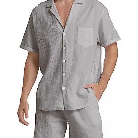 Men's flax summer sports shorts suit in army green with short-sleeved top and matching trousers