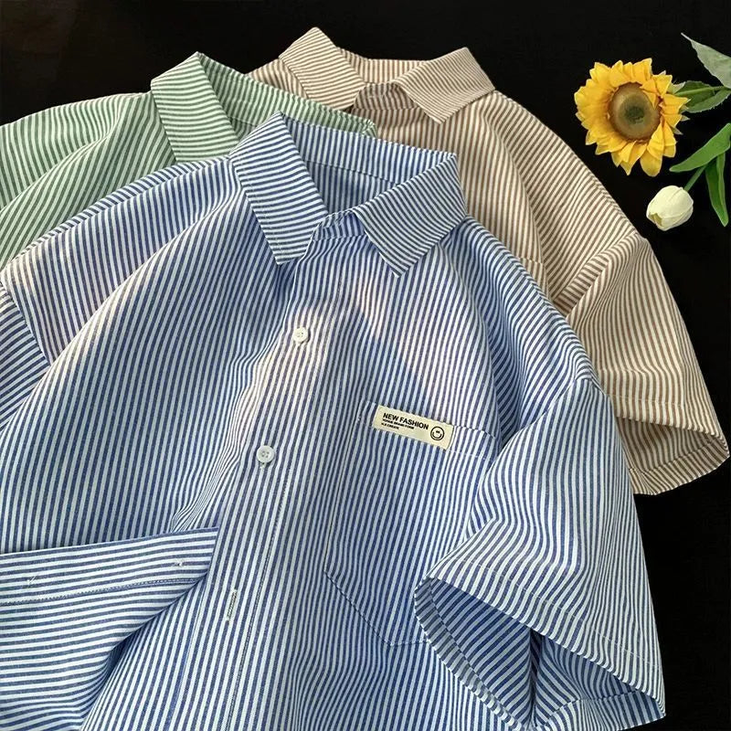 Blue and green striped loose plus size casual half sleeve shirt