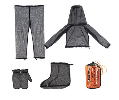 Unisex mesh anti mosquito suit four-piece set including hooded top, pants, and booties for outdoor camping.