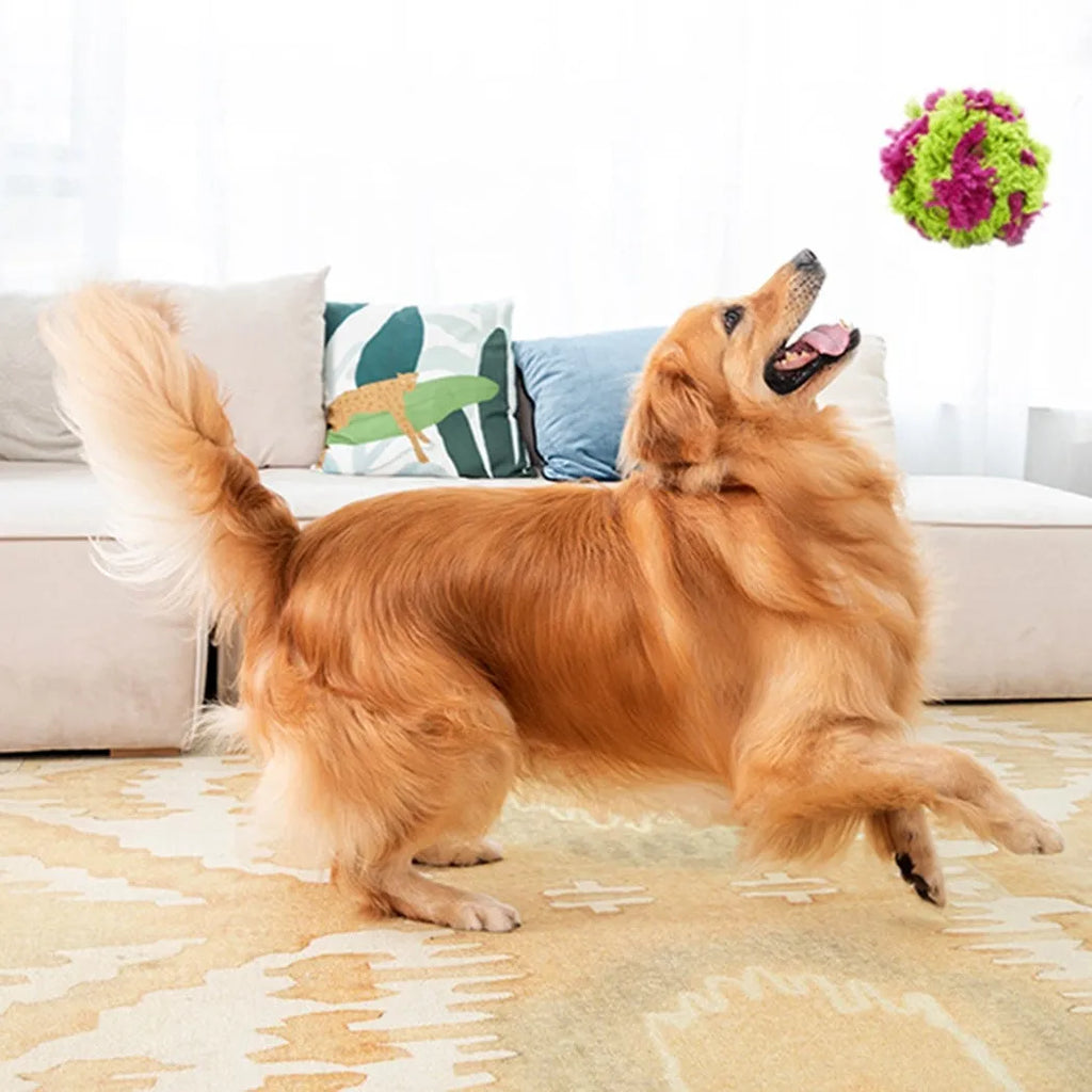 Purple plush dog ball toy with seaweed knots measuring 15cm diameter