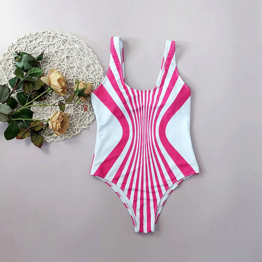 Pink striped women's one-piece swimsuit with digital print on front and back.