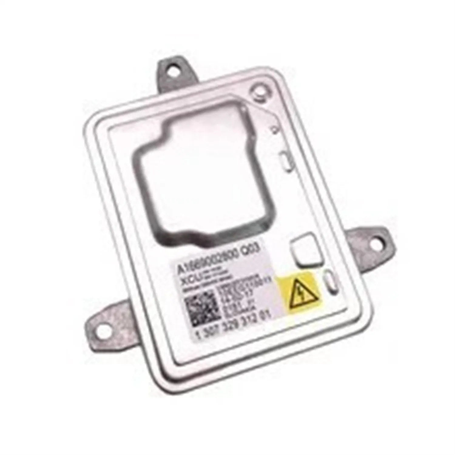 Metal automotive HID headlight ballast unit measuring 14 by 11 by 4.5 centimetres