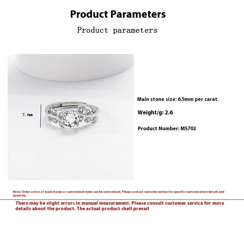 1 carat leaf ring for women, white gold colour electroplated copper, adjustable open band